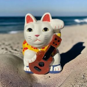 Singned Grant Kagimoto hand painted Maneki neko lucky cat with ukulele bank